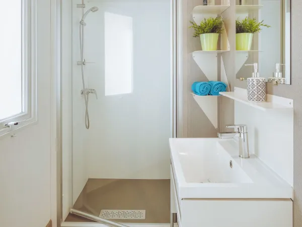 De Roan Premium Lounge badkamer met douchecabine en wastafel met een kastje.