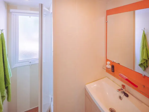 De Comfort Plus beschikt over een badkamer met douche en wasbak.