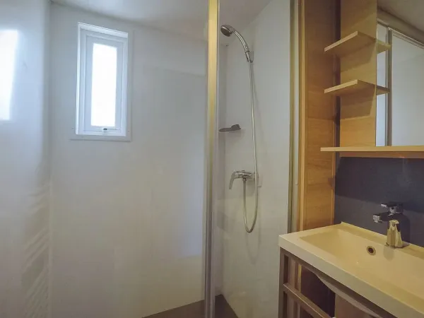 De badkamer van de Roan Supreme Plus Lounge beschikt over ruime douchecabine en wastafel.