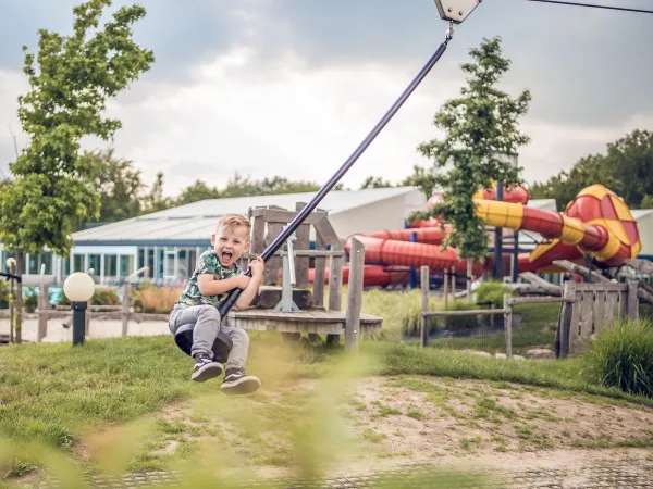 Plezier in de speeltuin, glijdend van de kabelbaan bij Roan camping Ackersate.