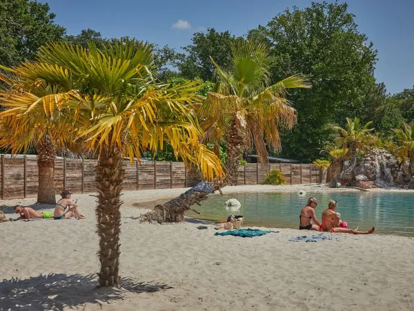 Mensen die zonnenbaden bij het lagunebad van Roan camping La Clairière.