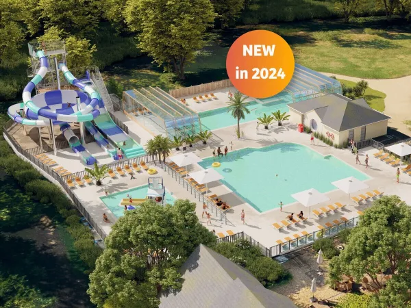 Overzicht van nieuwe zwembad 2024 op Roan camping la Brèche.