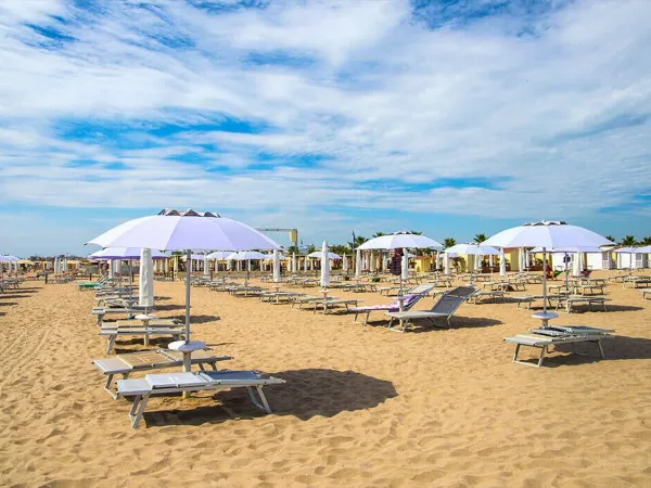 Strand met ligbedden en parasols op Roan camping Sole Family Camping Village.