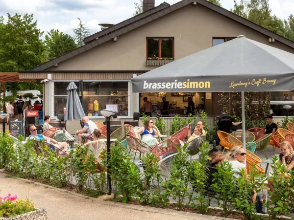 Genieten in de zon op het terras op Roan camping Birkelt