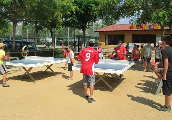 Veel mensen rondom de tafeltennistafels op Roan camping La Masia.