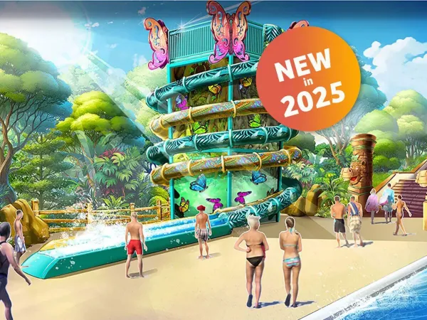 Nieuwe glijbanen impressie in vernieuwd zwembadcomplex 'Speedy Island' op Roan camping Union Lido Mare.