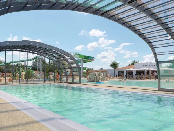 Het nieuwe overdekbare zwembad in 2025 op Roan camping Le Domaine du Clarys.