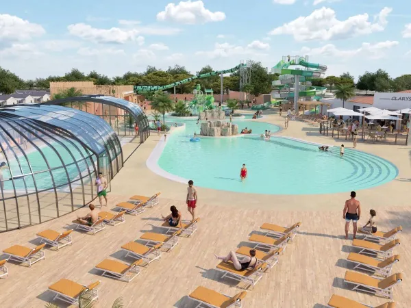 Overzicht van het nieuwe zwembad in 2025 op Roan camping Le Domaine du Clarys.