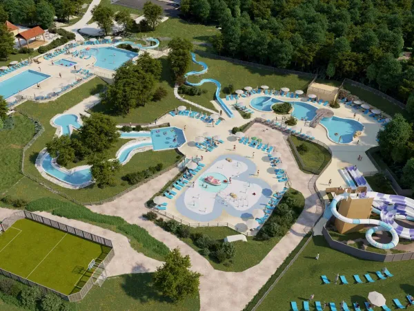 Overzicht van zwembad met nieuwe glijbanen in 2025 op Roan camping Saint Avit Loisirs.