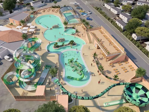 Luchtfoto waterpark Roan camping Le Domaine du Clarys. Nieuw in 2025!