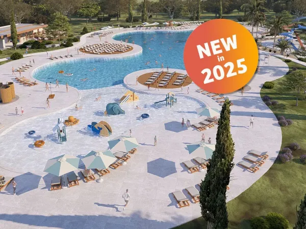 Nieuw zwembadcomplex  in 2025 met glijbanen en peuterbad op Roan camping Zaton Holiday resort.
