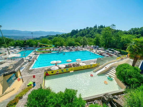 Overzicht van het zwembad op Roan camping hu Norcenni Girasole village.