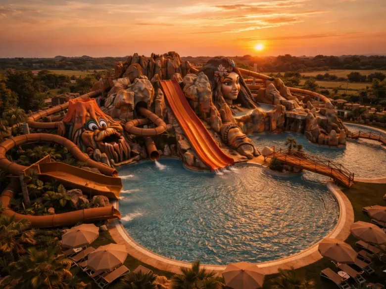 Impressiebeeld van het nieuwe zwembad met glijbanen in 2026 op Roan camping Tahiti.