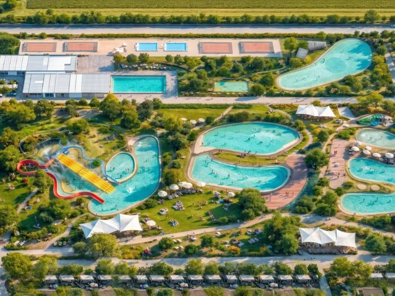 Een bovenaanzicht van het zwembad op Roan camping hu Eraclea Mare.