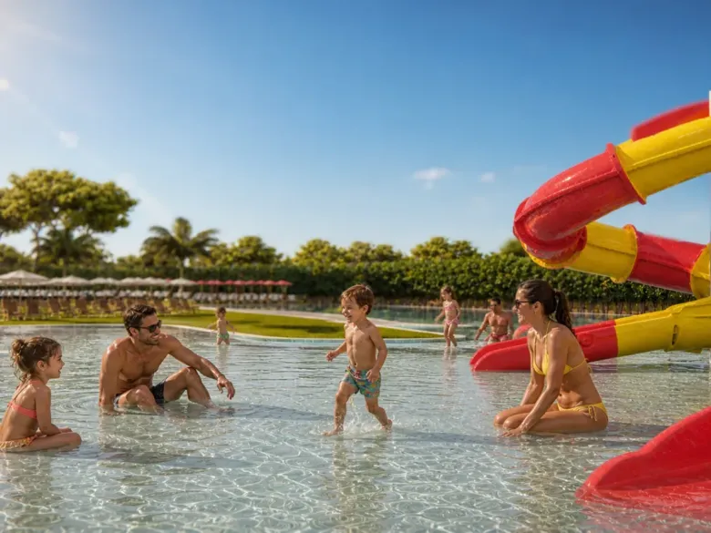 AI gegenereerde afbeelding: Kinderbad met glijbaan Roan Camping Delta Open Air Resort.