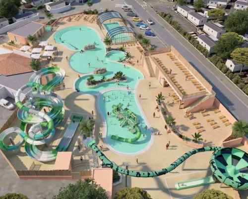 Luchtfoto waterpark Roan camping Le Domaine du Clarys. Nieuw in 2025!