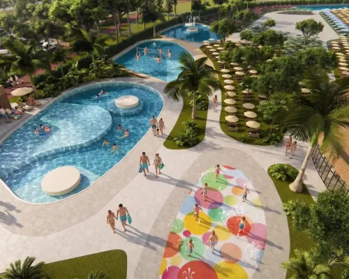 AI gegenereerde afbeelding van het zwembadencomplex op Roan camping Delta Open Air Resort.